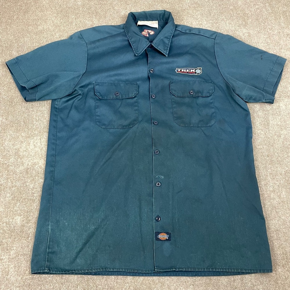 Vintage Dickies Work Shirt Mens Large Blue Trek Racing Team logo Button Front